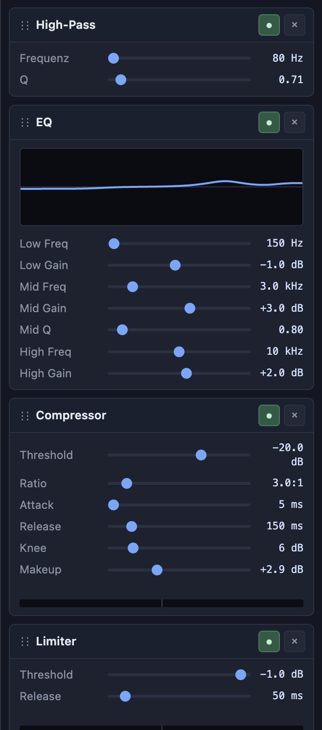 FX chain panel with HP/LP/EQ/Comp/Limiter and gain reduction meter