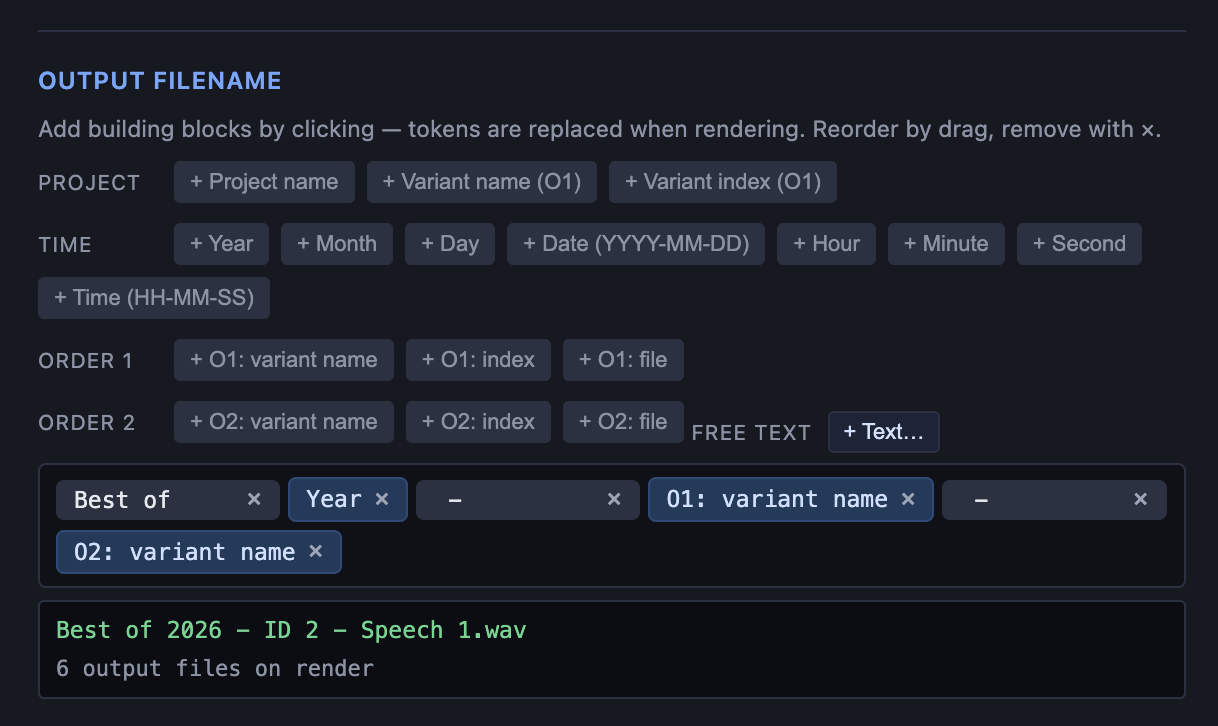 Output-Name-Builder mit Token-Gruppen und Live-Vorschau des Dateinamens