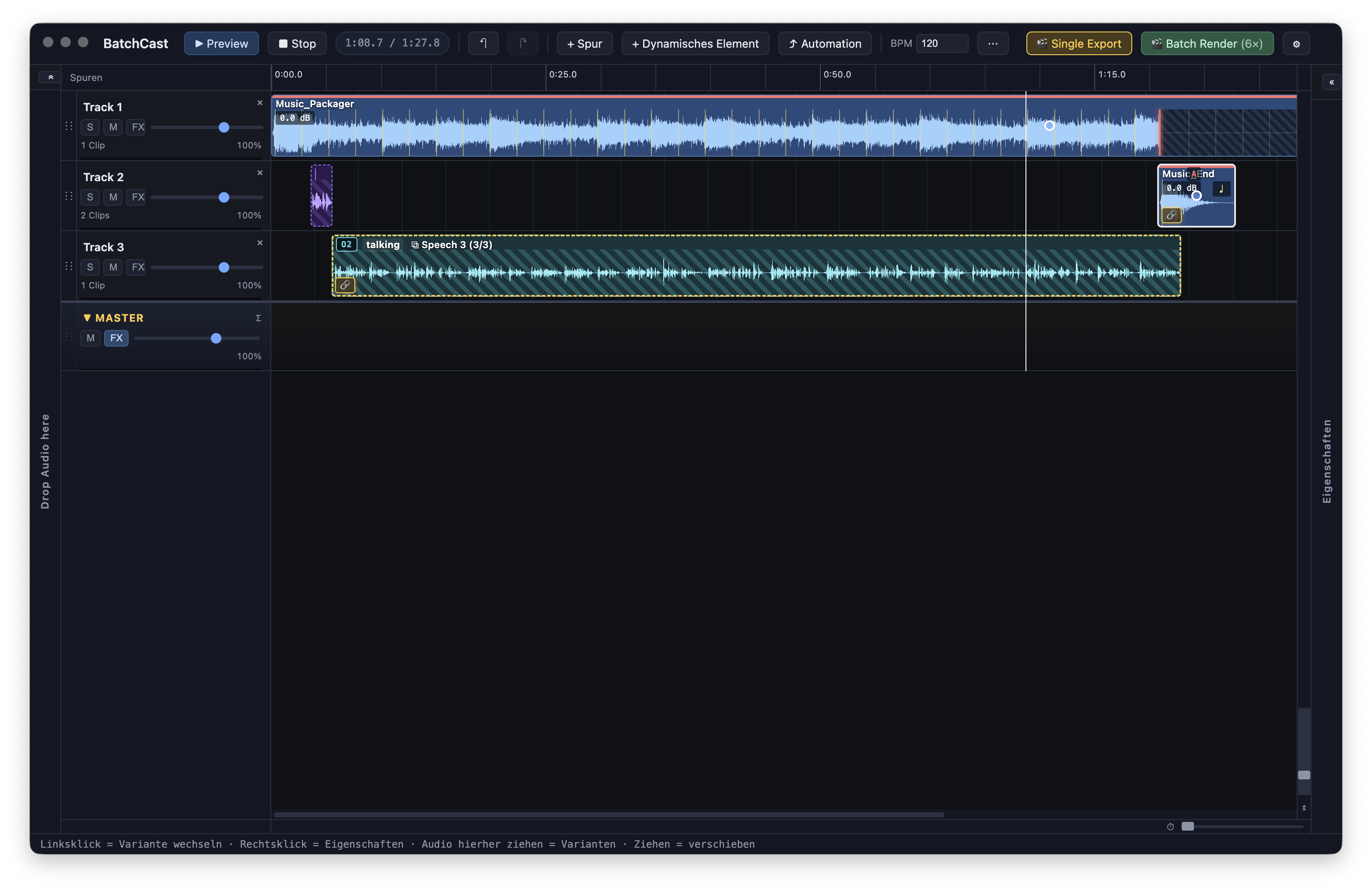 Screenshot: BatchCast — Multi-Track-Editor mit drei dynamischen Clips