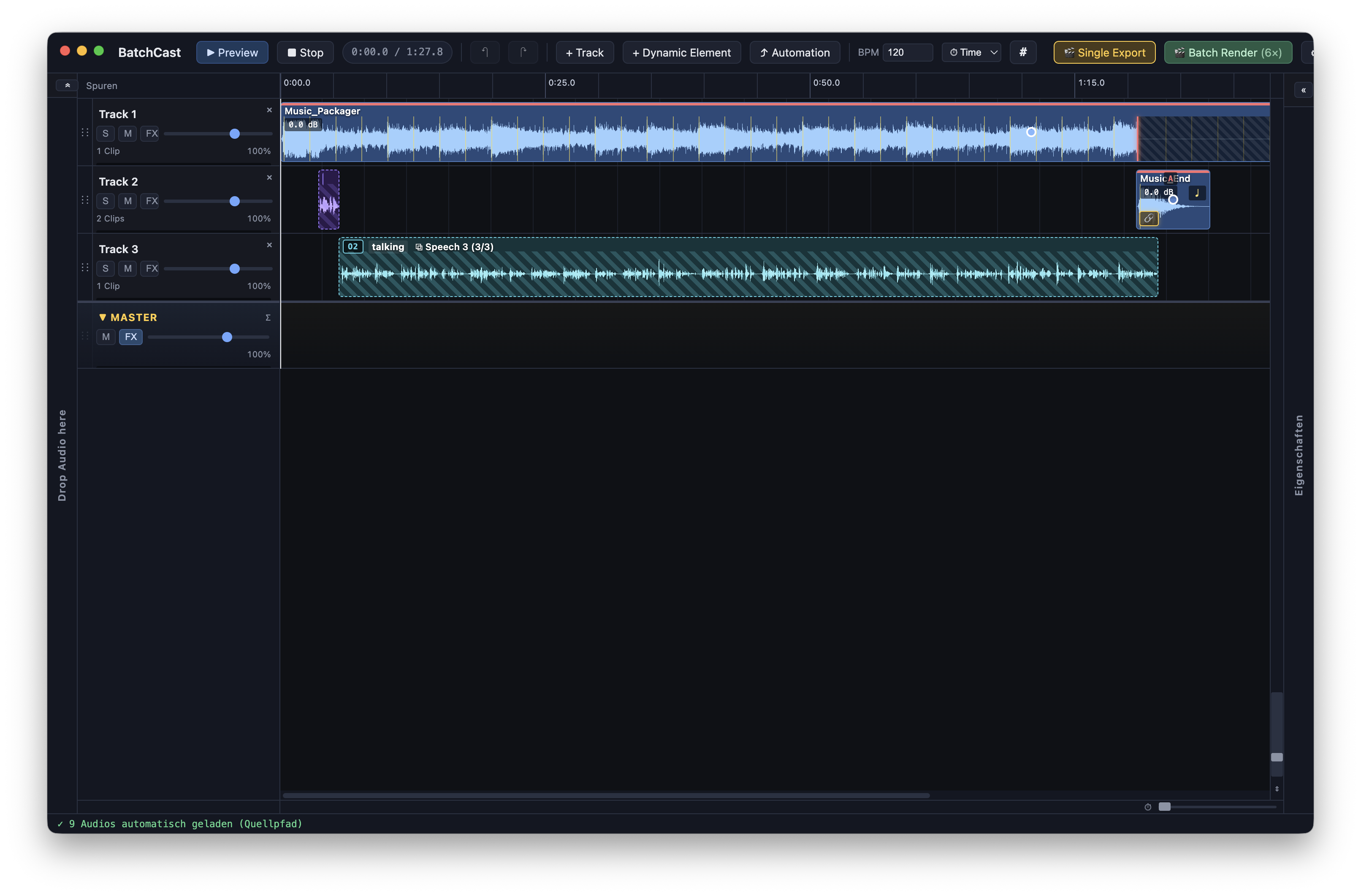 Screenshot: BatchCast — multi-track editor with three dynamic clips